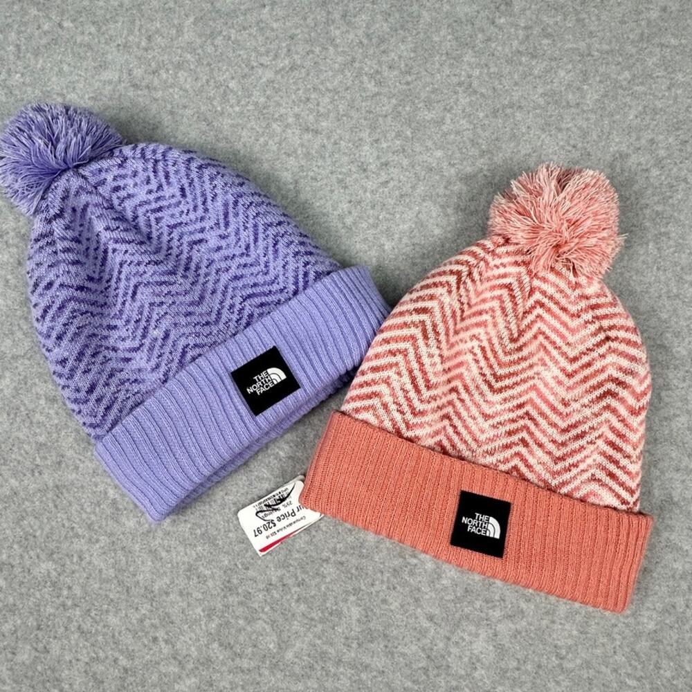 The North Face (2) Chevron Pom Beanie Youth Junior OS Pastel EUC Purple Pink